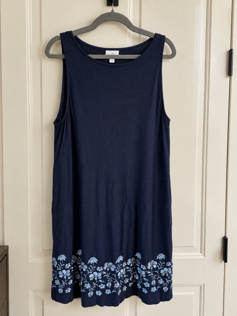 J. Jill Navy Midi Dress with Light Blue Embroidered Floral Border - Large
